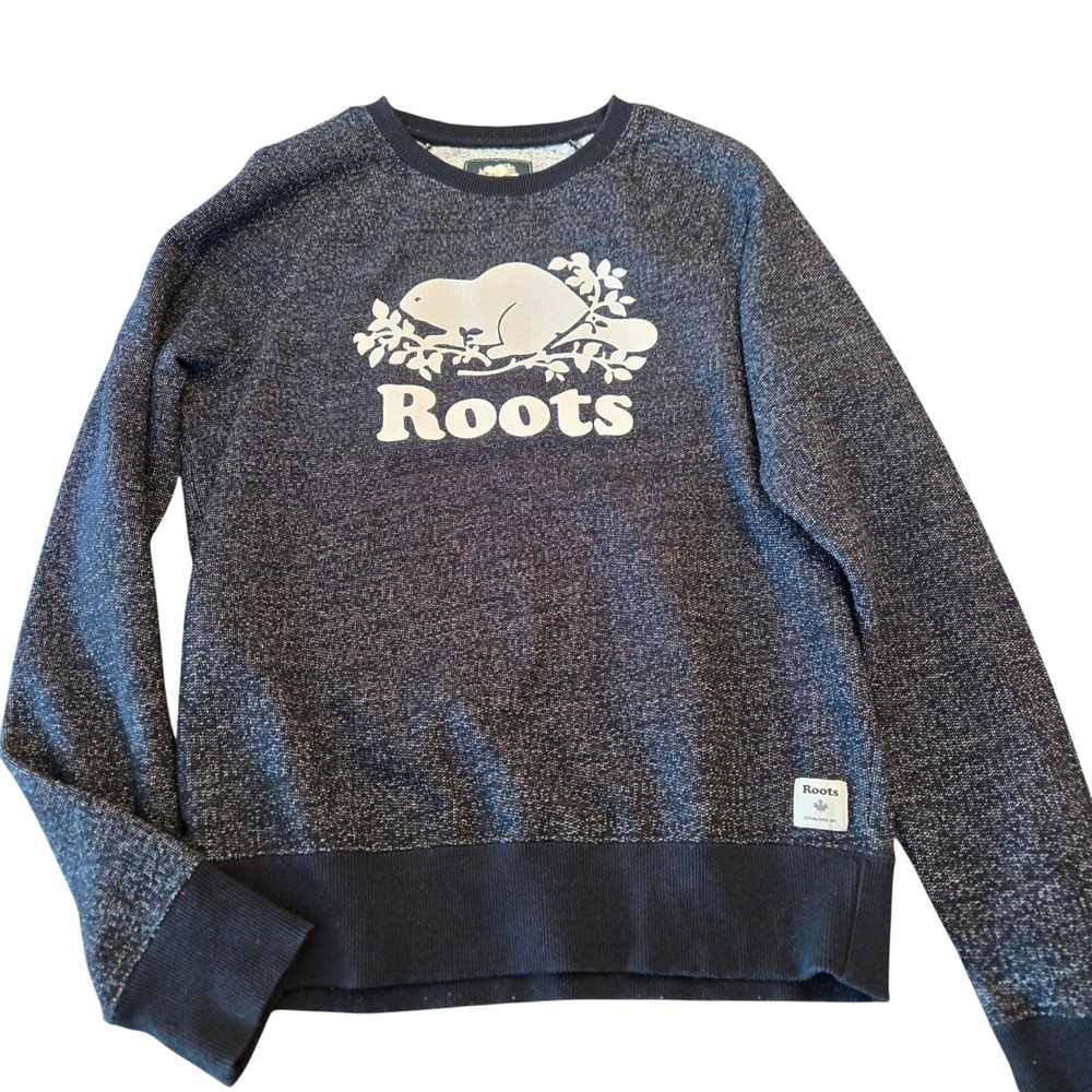 Roots Mens Salt & Pepper Crewneck Sweatshirt Black White Marled Beaver Logo M